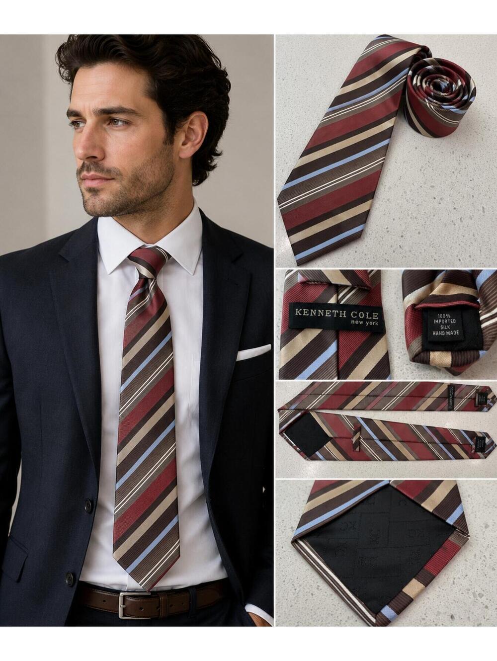 Kenneth Cole New York Men’s Striped Silk Tie Burgundy Brown Blue